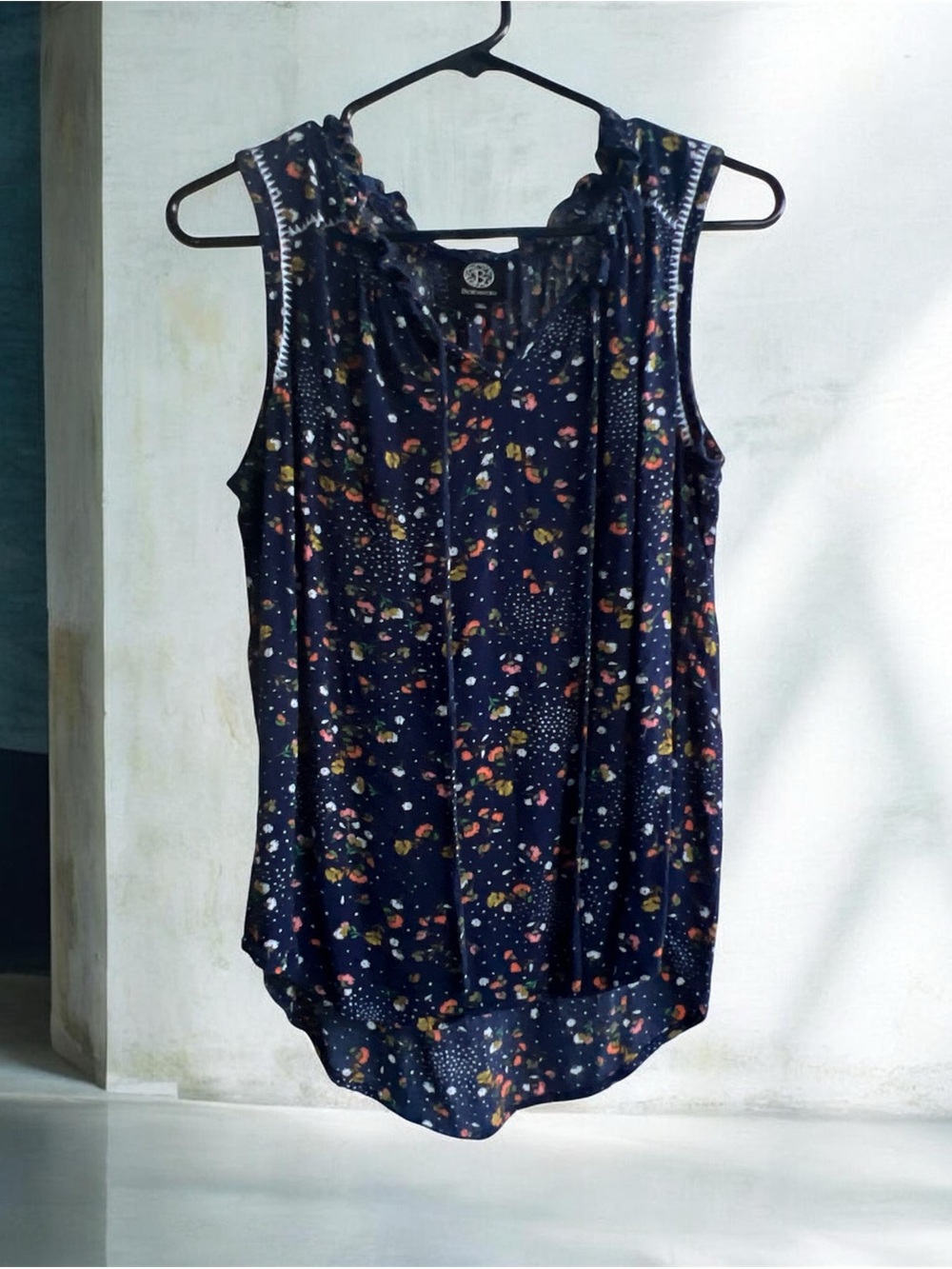 Bobeau Sleeveless Navy Floral Ruffle Neck Top